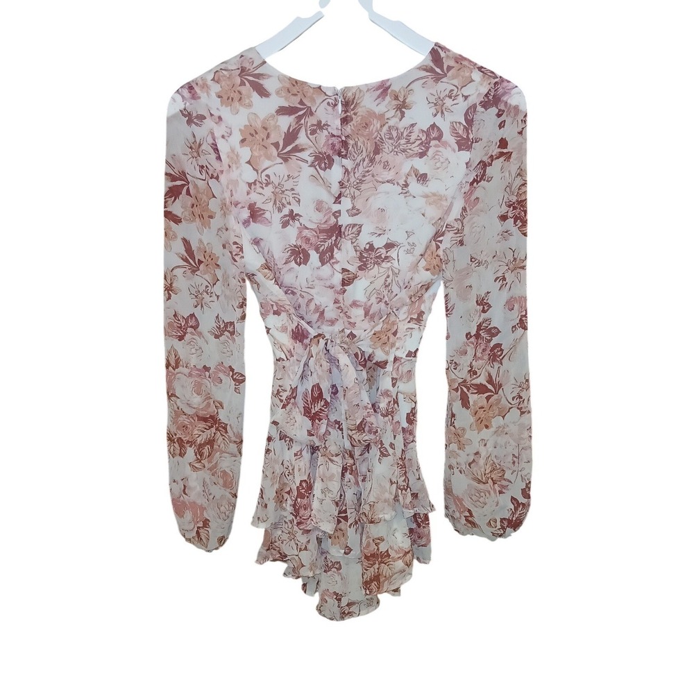 Mi Ami Francesca's Floral Long Sleeve Ruffle Tiered Romper Mauve White Small - Picture 3 of 5